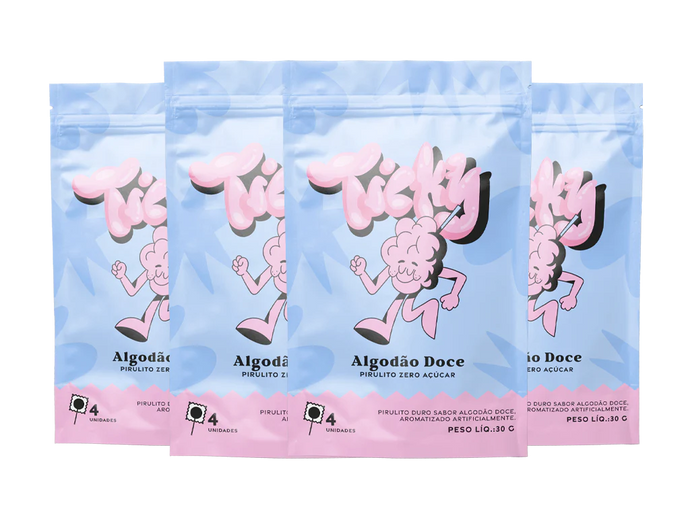 Pirulito Zero Açúcar - Sabor Algodão Doce - Pack 4 Pouches (16 Unidades)